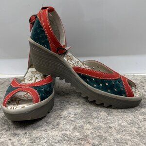 Fly London Women's Yans Sandal red/navy leather wedge heels; sz EU39 or 8.5/9
